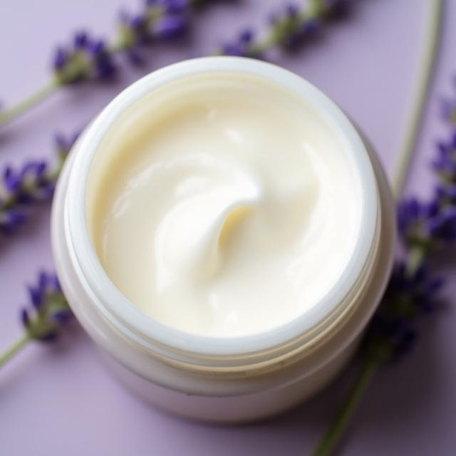 Vasetto aperto di crema mani alla lavanda che ne mostra la texture.