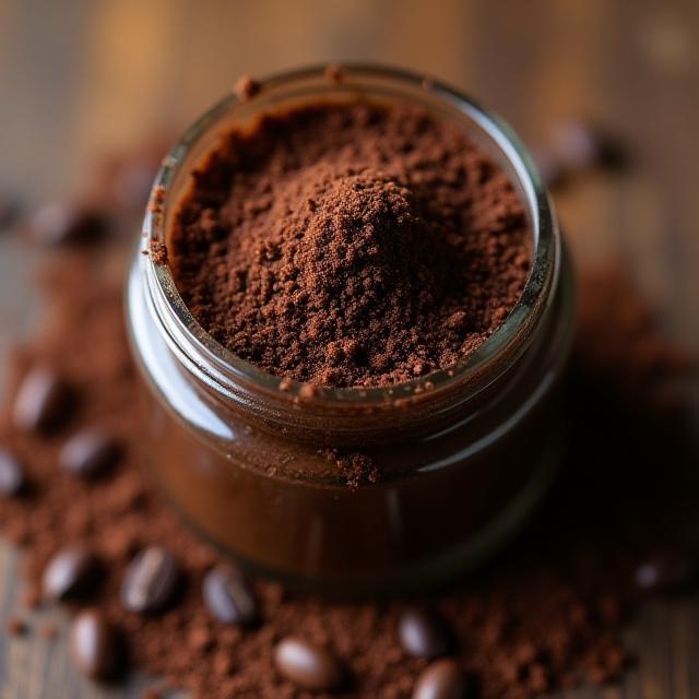 Vasetto di scrub corpo al caffè con texture granulosa in evidenza.